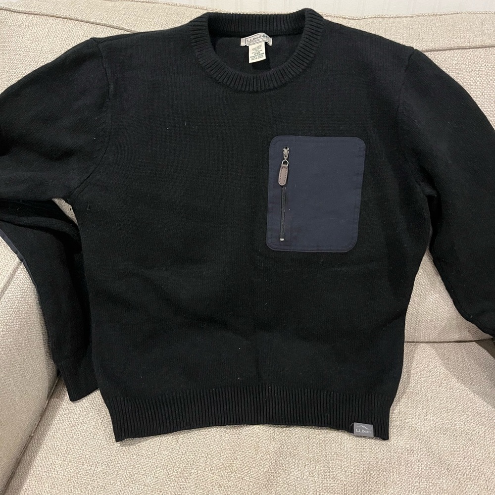 L.L. Bean Black Crewneck Sweater with Navy Chest Zip Pocket